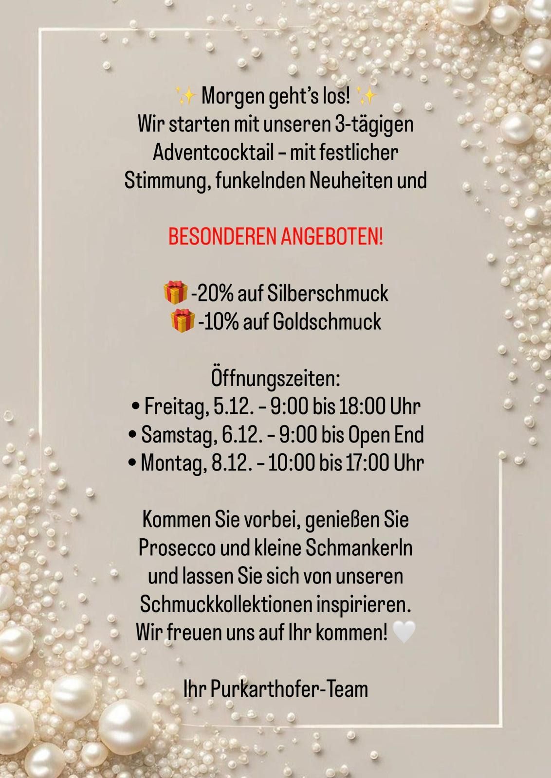 Werbung für ein Advent-Cocktail-Event mit festlicher Stimmung, funkelnden Neuigkeiten und besonderen Angeboten. Rabatte auf Silber- und Gold-Mugs. Öffnungszeiten am Freitag, Samstag und Montag. Gäste können Prosecco und kleine Häppchen genießen. Der Shop freut sich auf Ihren Besuch.