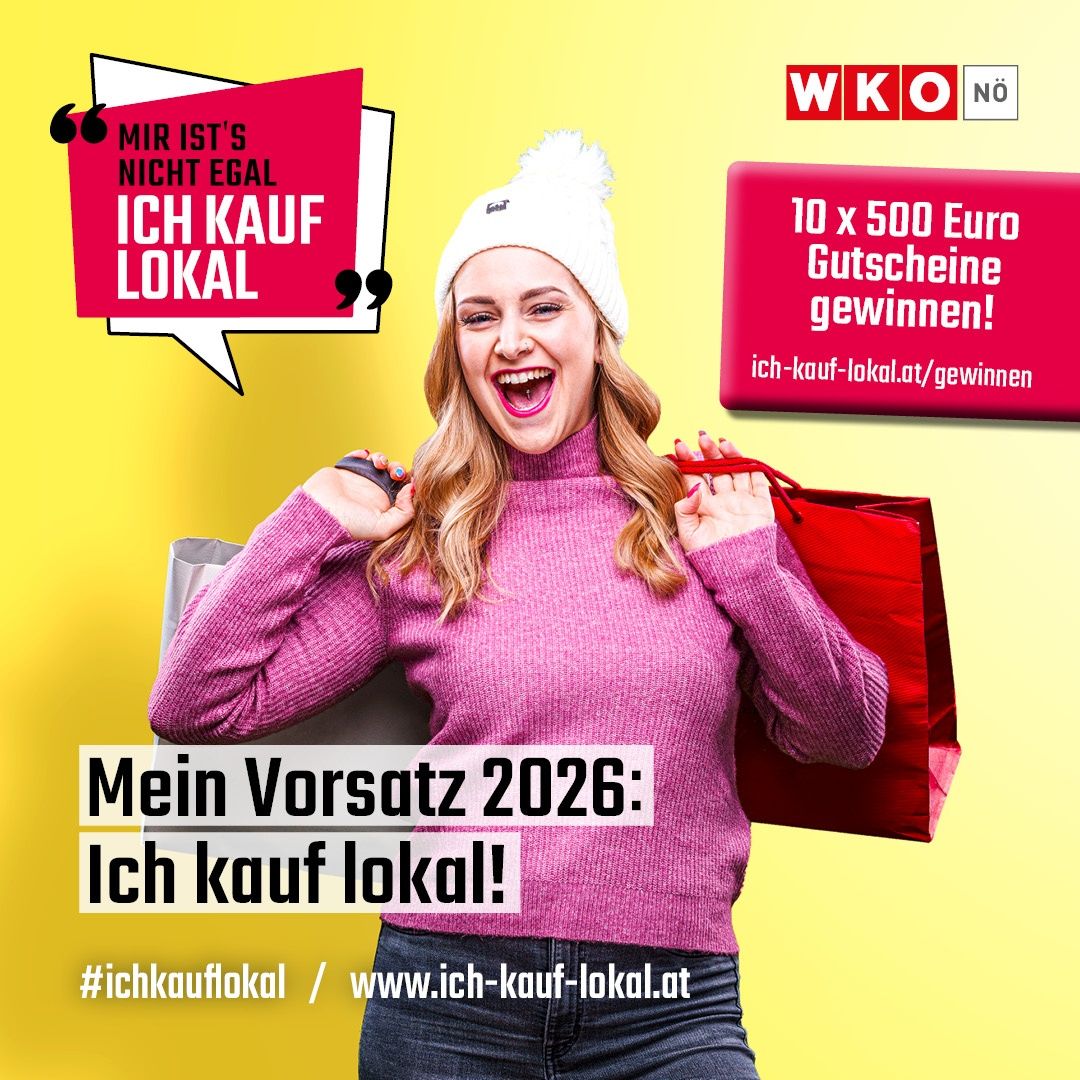Eine Frau mit Einkaufstüten und dem Slogan 'Mein Vorsatz 2026: Ich kauf lokal!' und einer Wettbewerbsankündigung für 10x500 Euro Gutscheine.