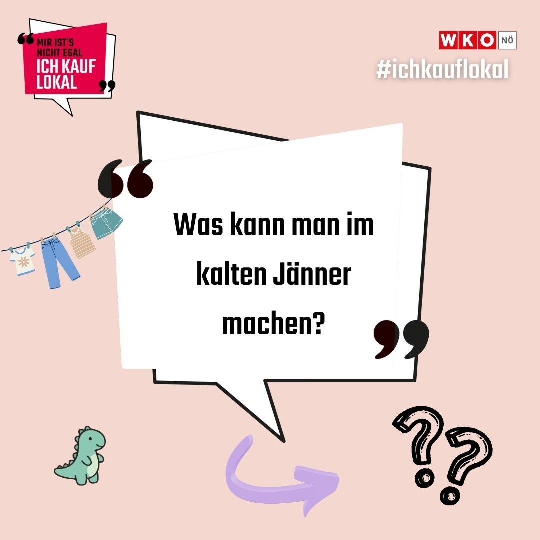Ein rosa Poster mit einem Sprechblase fragt 'Was kann man im kalten Winter machen?' mit dem Hashtag '#ichkauflokal'. Darunter befindet sich ein Fragezeichen-Symbol.