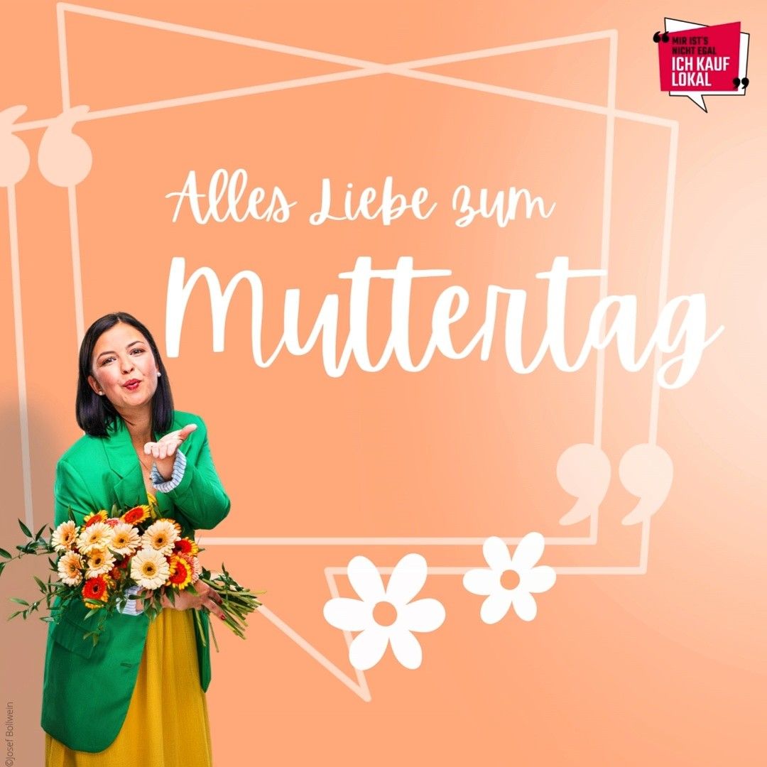 A woman in a yellow dress holds flowers with the caption 'Alles Liebe zum Muttertag' on a peach background.