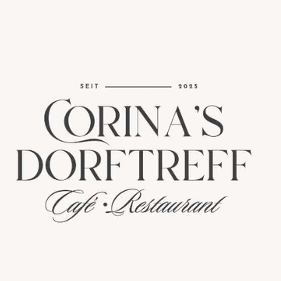 Das Bild zeigt das Logo für 'Corina's Dorftreff Café Restaurant' mit einer eleganten kursiven Schrift in Vintage-Stil. Der Name 'Corina's Dorftreff' ist groß über dem Wort 'Café' geschrieben, wobei 'Restaurant' in kleinerer Schrift darunter steht. Das Jahr '1935' ist oben eingefügt.