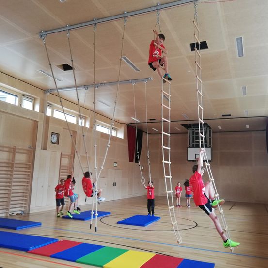 Eine Gruppe von Kindern in roten T-Shirts klettert an Seilen in einer Turnhalle. Es gibt blaue Matten auf dem Boden und einen Basketballkorb im Hintergrund.