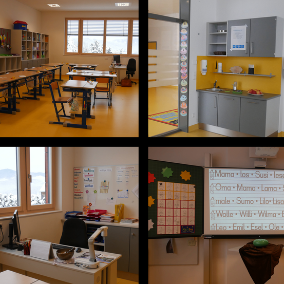 Eine Collage aus vier Bildern, die verschiedene Teile eines Klassenzimmers zeigen. Das erste Bild zeigt ein Klassenzimmer mit Tischen und Stühlen. Das zweite Bild zeigt einen Küchenbereich mit einem Waschbecken und Schränken. Das dritte Bild zeigt ein Klassenzimmer mit einer Tafel und einem Fenster. Das vierte Bild zeigt ein Klassenzimmer mit einer Projektionsleinwand und einem Schreibtisch.