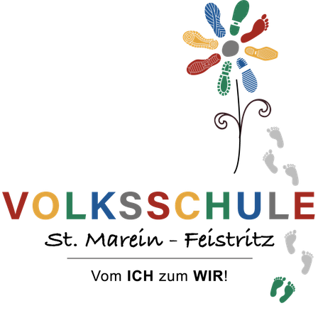 Eine bunte Blume aus Schuhsohlen mit dem Wort 'Volksschule' in mehrfarbigen Buchstaben darunter. Babyfußabdrücke sind um die Blume verstreut.