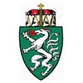 Ein grüner Schild zeigt einen weißen Löwen mit roten Akzenten, der ein Schwert hält, mit einem Kreuz darüber. Der Löwe hat einen roten Kamm und eine rote Zunge.