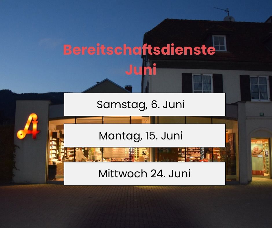 Das Bild zeigt ein Gebäude mit rotem Text, der 'Bereitschaftsdienste Juni' lautet. Es enthält drei Daten: Samstag, 6. Juni, Montag, 15. Juni und Mittwoch, 24. Juni.