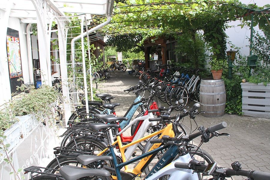 Eine Reihe von Elektrofahrrädern, die unter einer Pergola mit grünen Ranken und Pflanzen geparkt sind, in der Nähe eines Fasses und eines Gebäudes.