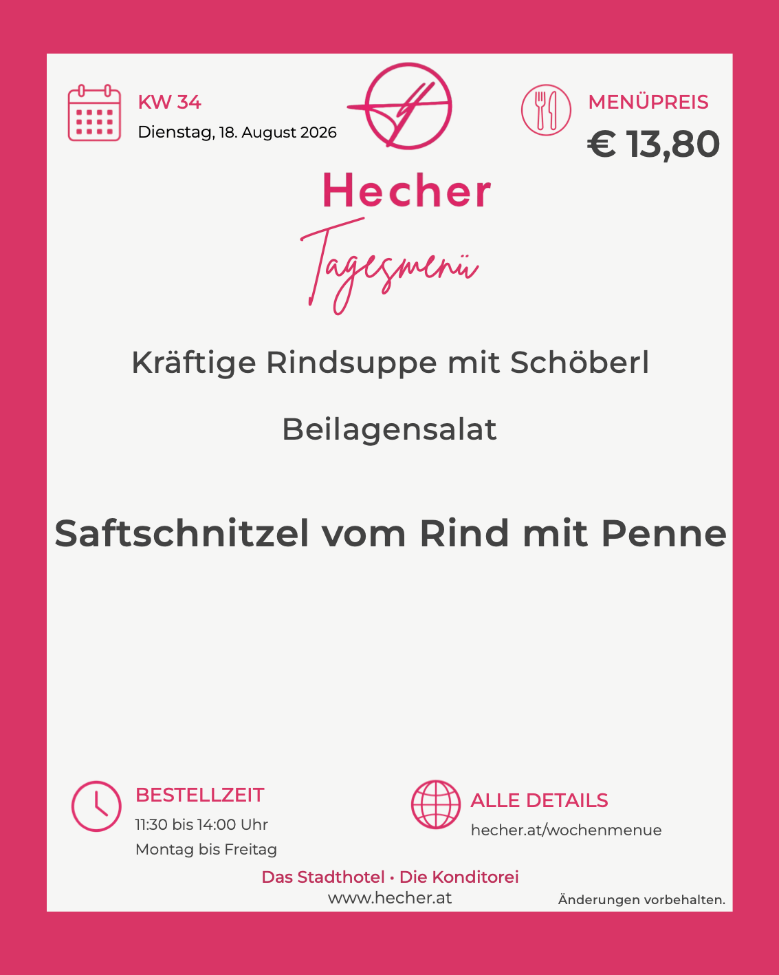 Menu for August 18, 2026, featuring beef soup with bread, side salad, and beef tenderloin with noodles. The menu is priced at 13.80 euros. Ordering is available from Monday to Friday, 11:30 AM to 2:00 PM.