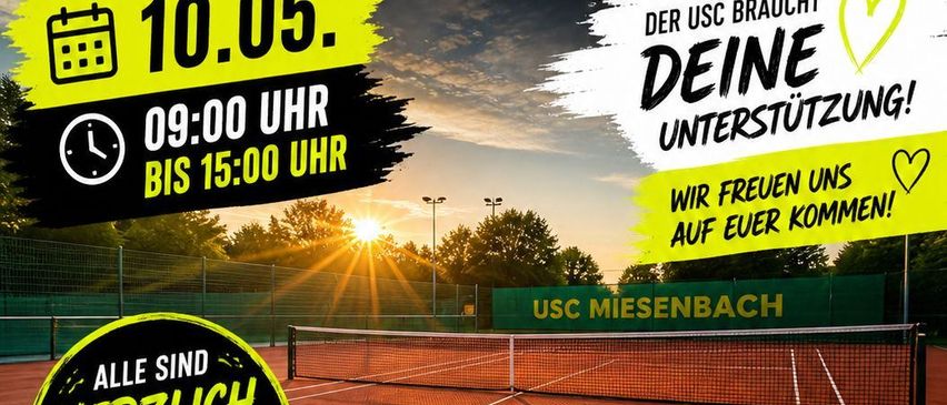 USC Miesenbach tennis event starting May 10 from 9:00 to 15:00. Support is needed, and spaghetti Bolognese is available.