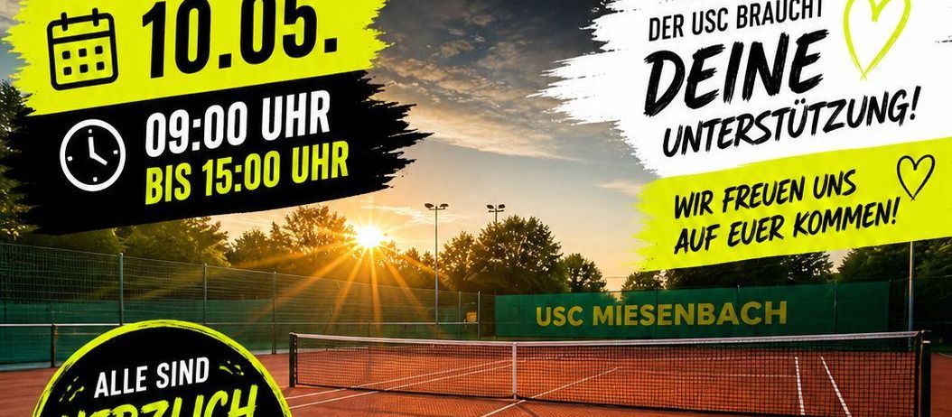 USC Miesenbach Tennis-Event beginnt am 10. Mai von 09:00 bis 15:00 Uhr. Unterstützung ist gefragt, und es gibt Spaghetti Bolognese.