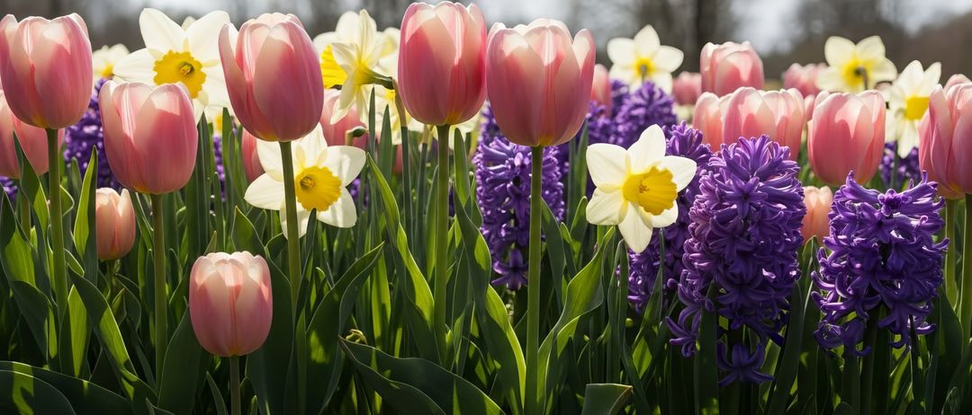 Ein Feld blühender Frühlingsblumen, darunter rosa Tulpen, weiße und gelbe Narzissen sowie lila Hyazinthen, blüht unter einem strahlenden Himmel.