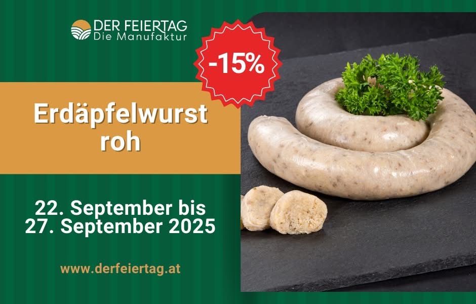 Eine Werbung für rohe Wurst mit Petersilie, die einen Rabatt von 15% anbietet. Die Aktion läuft vom 2. September bis September 2025. Besuchen Sie www.derfeiertag.at für weitere Informationen.