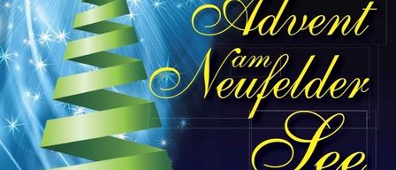 A Christmas tree in the center of an advertisement for Advent Neufelder See, a spa for the whole family. The tree is green with white stars. An angel floats in the right corner. The background is blue and starry.