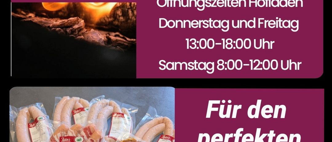 Werbung für Reiters Grill. Öffnungszeiten Donnerstag und Freitag 13:00-18:00 Uhr und Samstag 8:00-12:00 Uhr.