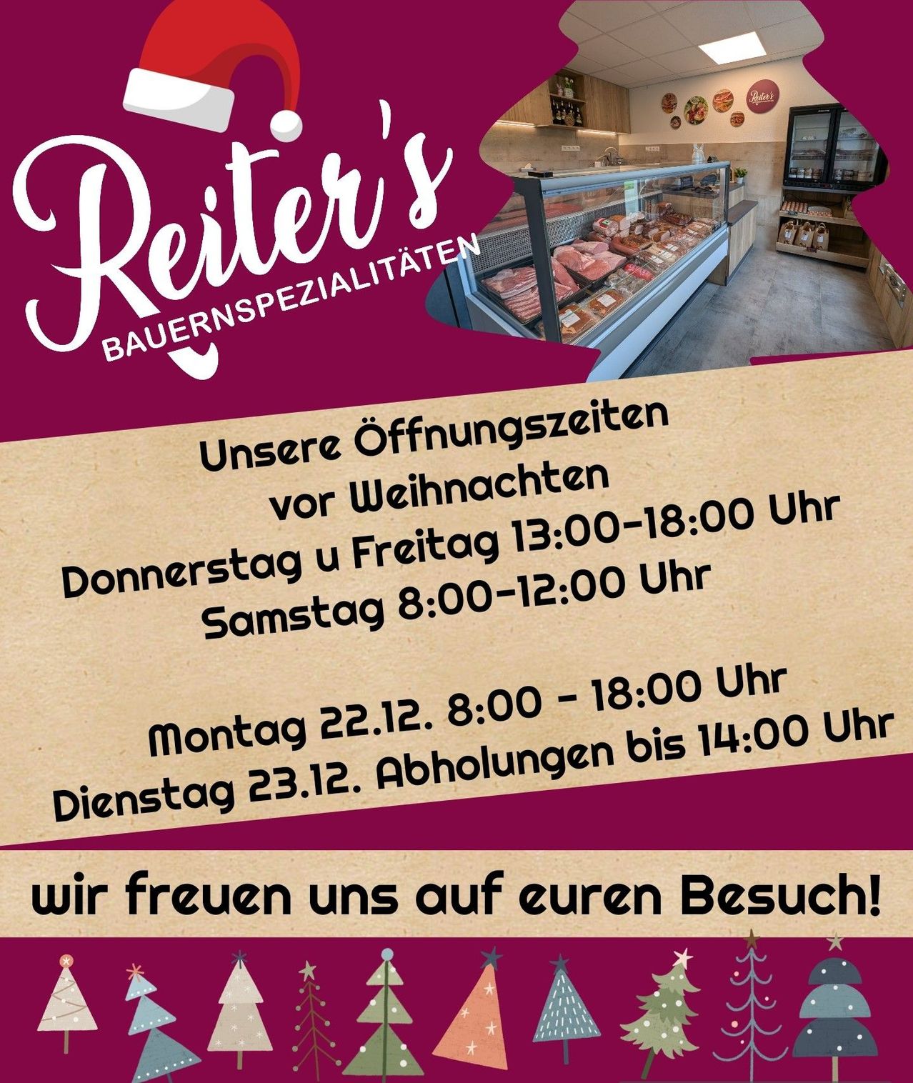 Eine Werbung für Reiter's Bauernspezialitäten mit einem Foto von Fleisch in einer Vitrine. Es zeigt Öffnungszeiten für Weihnachten.