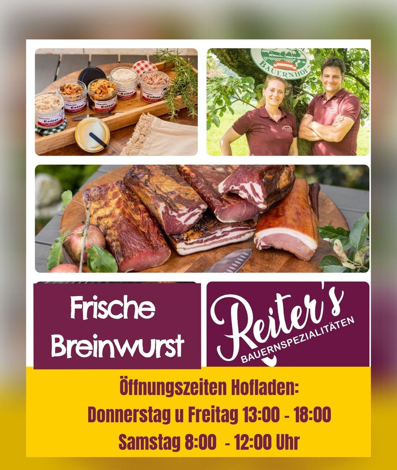 An advertisement for fresh bratwurst and bacon specialties. Includes opening hours for Hofladen on Thursday and Friday from 1:00 PM to 6:00 PM.