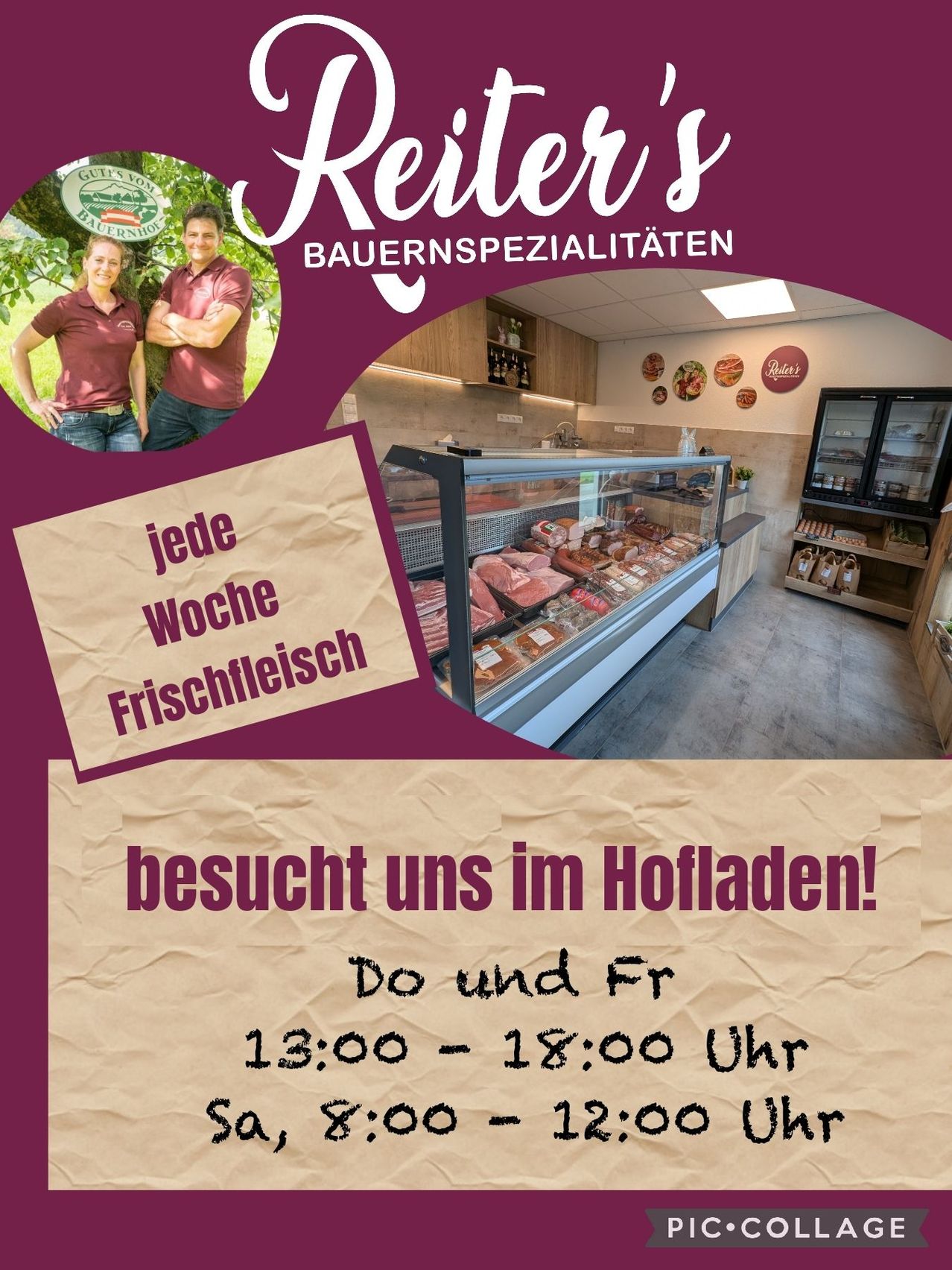 Eine Werbung für einen Fleischladen zeigt zwei Personen vor einem Baum. Der Laden bietet jede Woche frisches Fleisch an. Die Öffnungszeiten sind donnerstags und freitags von 13:00 bis 18:00 Uhr.
