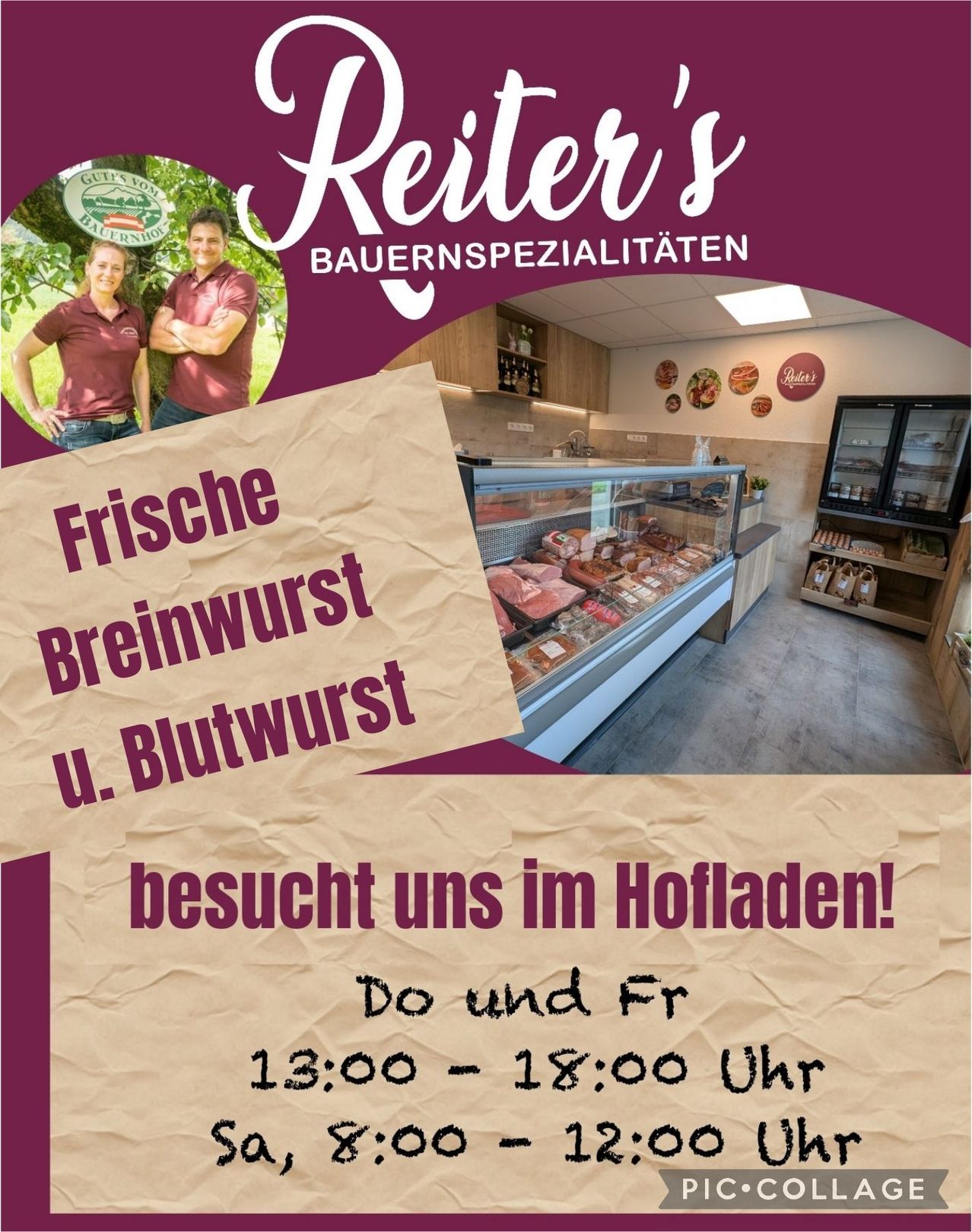 Eine Anzeige für Keller's Bauernspezialitäten zeigt zwei Menschen unter einem Baum und wirbt für frische Wurst und Blutwurst. Der Laden ist donnerstags und freitags von 13 Uhr bis 18 Uhr geöffnet.