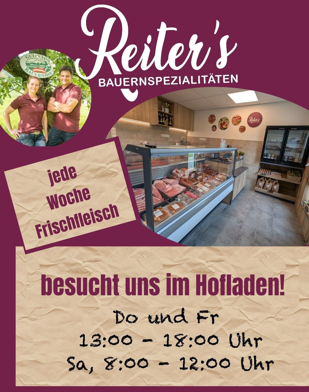 Poster for Keiler's Bauernspezialitäten featuring two people in maroon polo shirts. The store offers fresh meat, with opening hours from 1 PM to 6 PM on Thursdays and Fridays.