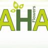 The image displays the logo for AHA Flowers, featuring a stylized green letter 'A' with a leaf above it. The letters are bold and green, on a white background. The text 'Flowers' is in green on the right side of the letter 'A'.