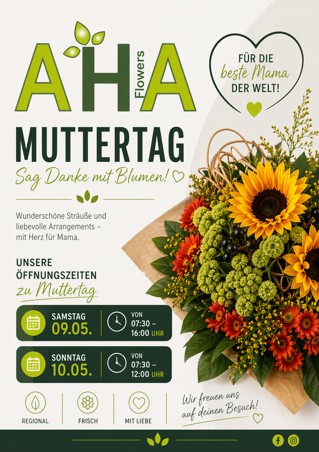 A flower advertisement for Mother's Day with a bouquet of sunflowers and various flowers. It mentions opening hours and a message of love.