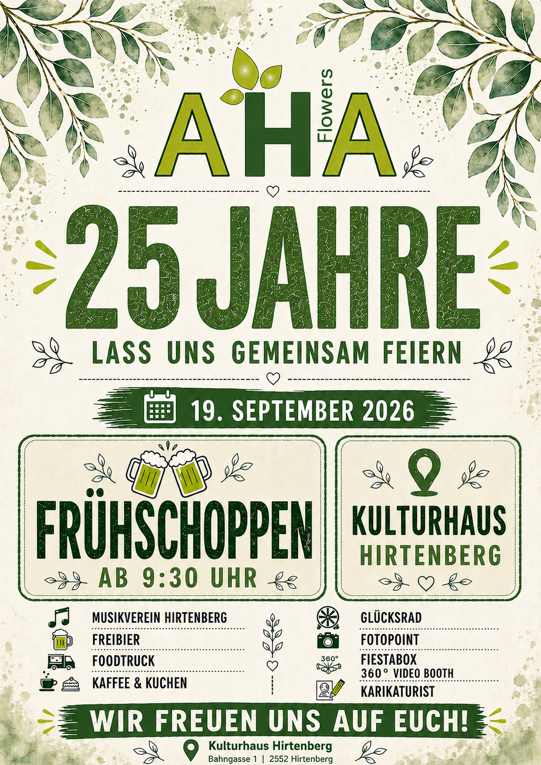 Poster for AHA's 25th anniversary celebration. Event date: September 19, 2026. Early bird drinks start at 9:30 AM. Location: Kulturhaus Hirtenberg. Activities include music, a photo point, and a freebie.