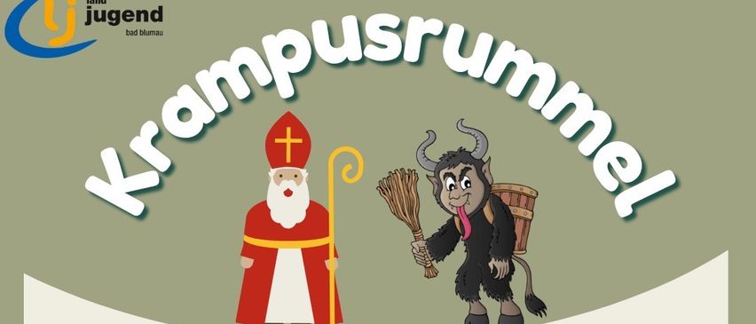 Werbeplakat für das Krampusrummel-Event, mit Illustrationen von Krampus und Sankt Nikolaus, Datum 30.11.2025, Beginn um 15 Uhr. Geschenke für Kinder, mit Essen und Getränken und Erlösen für gemeinnützige Zwecke.