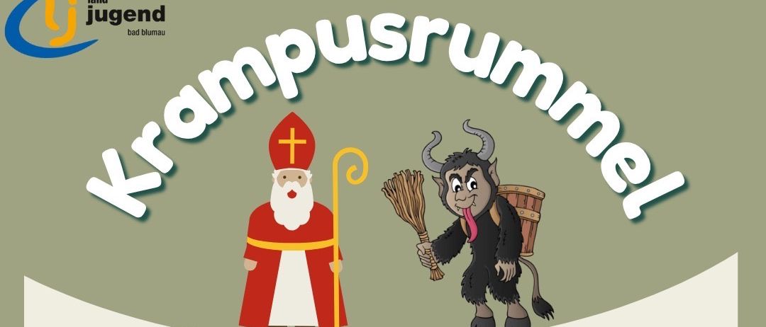 Werbeplakat für das Krampusrummel-Event, mit Illustrationen von Krampus und Sankt Nikolaus, Datum 30.11.2025, Beginn um 15 Uhr. Geschenke für Kinder, mit Essen und Getränken und Erlösen für gemeinnützige Zwecke.