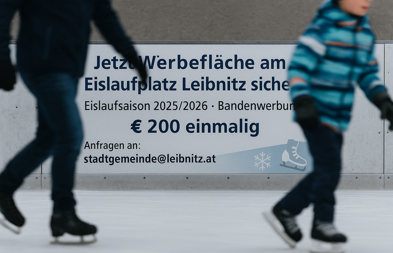 Zwei Personen skaten auf einer Eisbahn, mit einem Schild, das Werbefläche am Eislaufplatz Leibniz für die Saison 2025/2026 anbietet. Das Schild erwähnt eine einmalige Gebühr von 200 €.