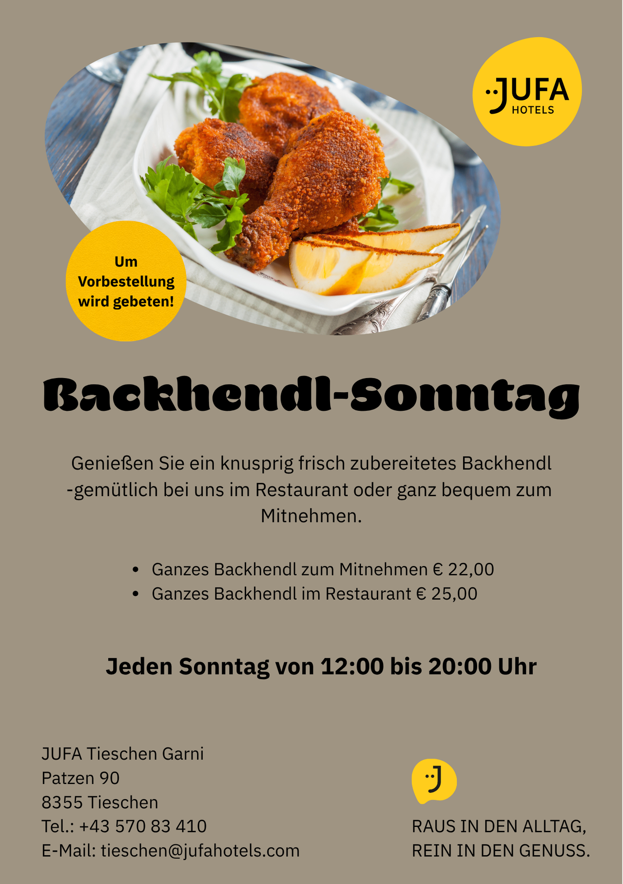 Ein Teller mit knusprigem gebratenem Hähnchen mit grünen Beilagen und einer Zitronenscheibe, serviert auf einem weißen Teller mit Besteck. Das Bild enthält auch einen gelben Kreis mit Text.
