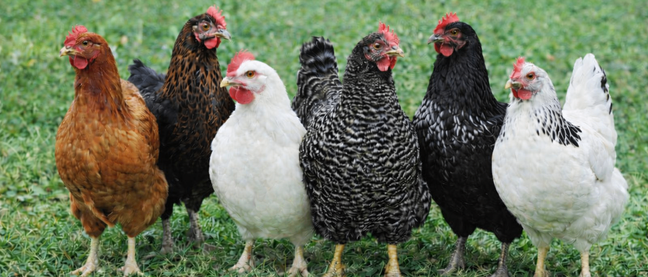 Eine Gruppe von Hühnern verschiedener Farben und Rassen steht zusammen auf einem Rasen.