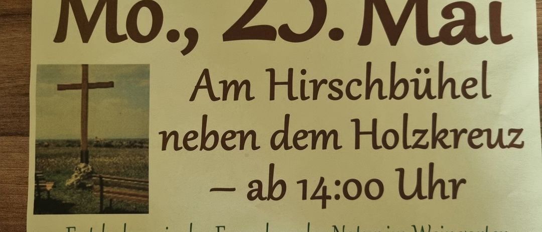 Plakat für Weinblüte-Veranstaltung am 25. Mai. Zeigt eine Weinbergszene mit einem Kreuz und Blick auf Wimpassing. Genießen Sie Natur, Wein und eine schöne Aussicht.