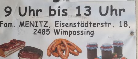 Farmers market poster advertising meats, sausages, jams, and berries. Location at Eisenstadterstr. 18, Wimpassing. Open on Saturday, June 13th, from 9 AM to 1 PM.