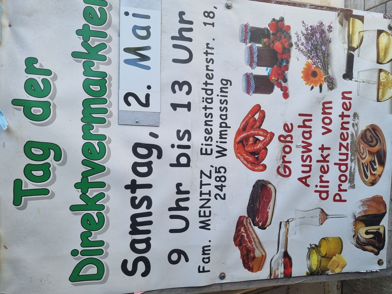 Die Farm Menitz an der Eisenstädterstraße 18 bietet eine Auswahl an Produkten wie Brot, Fleisch und Wein an. Der Markt ist jeden Samstag von 9 Uhr bis 13 Uhr geöffnet.
