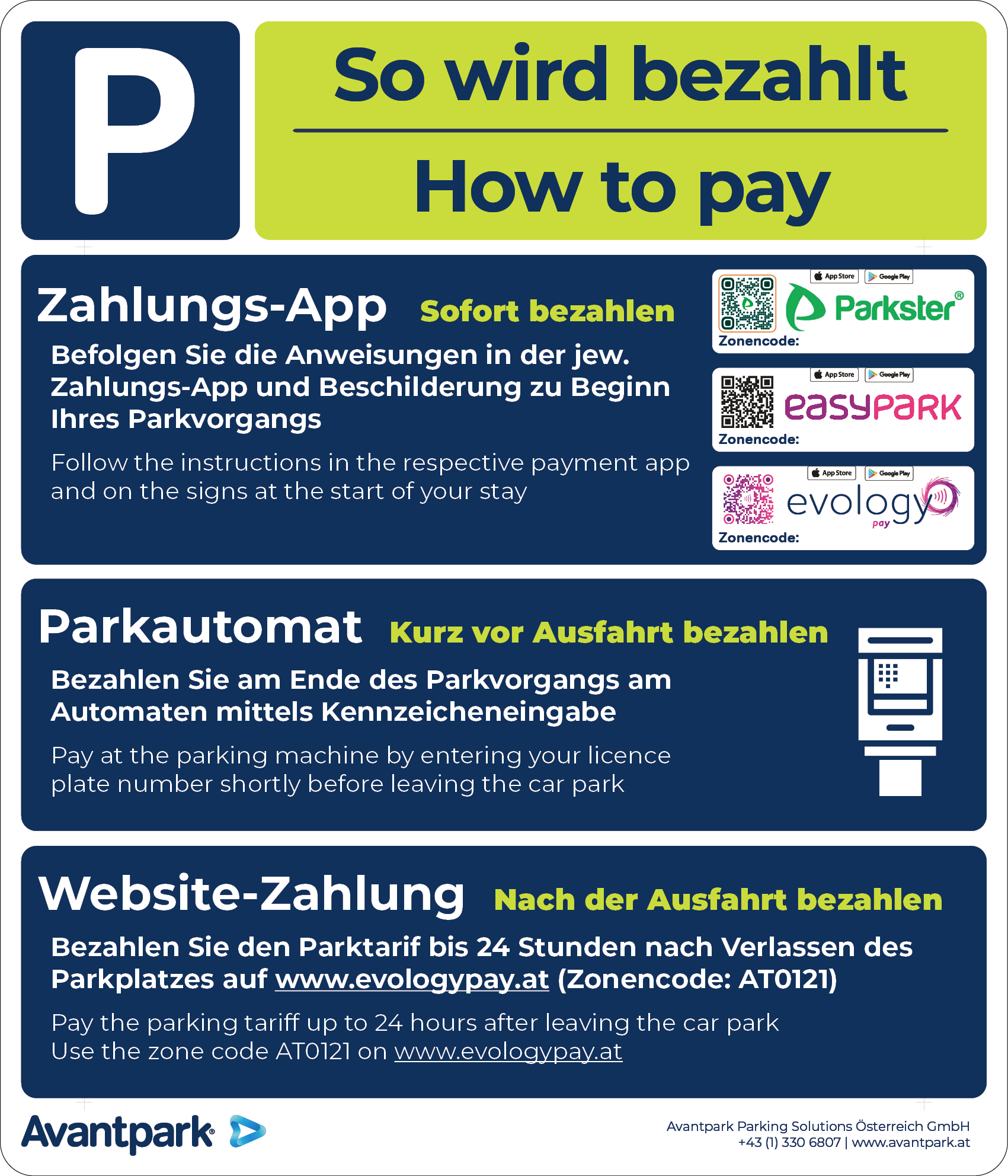 Ein Poster mit drei Zahlungsoptionen für das Parken: Zahlungs-App, Parkautomat und Website. Jede Option hat einen Zonencode und Anweisungen. Die Zahlungs-App- und Parkautomaten-Optionen haben Logos für Parkster, easyPARK und eVology. Die Website-Option hat eine URL und einen Zonencode.