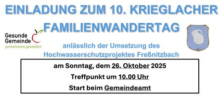 Eine Veranstaltungskarte für eine Wanderung in FreBnitz, die am 26. Oktober 2025 um 10:00 Uhr im Gemeindeamt beginnt. Die Karte zeigt die Route mit Sternen und weist auf die Raststelle am Rueckhaltebecken hin.