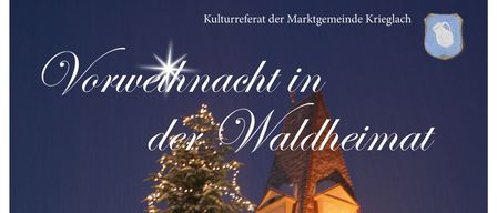 Plakat für eine Weihnachtsveranstaltung in Waldheimat. Es zeigt einen beleuchteten Weihnachtsbaum, einen Kirchturm und drei Personen. Datum: 14. Dezember 2025. Zeit: 16:00. VAZ Krieglach. Gehostet von Joe Heim und Hansjorg Hofbauer. Moderation von Gabriel Engelbogen.