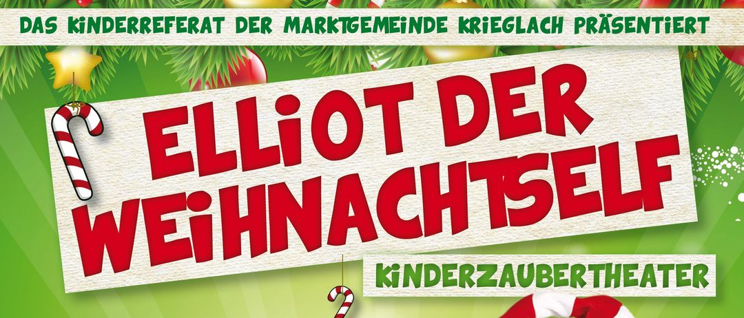 Elliot, ein Elf, versucht alles für Weihnachten vorzubereiten, hat aber absolut keine Lust dazu! Zum Glück entdeckt er gemeinsam mit den Kindern das Zauberbuch des Weihnachtsmanns. Mit der Unterstützung der kleinen Zuschauer versucht er, alles mithilfe von Magie zu lösen. Ob das gut geht? Findet es in diesem zauberhaften Weihnachtsabenteuer heraus! Unterhaltung für die ganze Familie. Ein lustiges Kindertheater zum Mitzaubern für Kinder ab 4 Jahren. Mo. 15. Dez. Beginn 17 Uhr Veranstaltungszentrum.