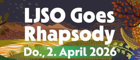 Ein Plakat kündigt eine Veranstaltung mit dem Titel 'LJSO Goes Rhapsody' für Donnerstag, 2. April 2026, um 19:00 Uhr im Veranstaltungszentrum Krieglach, Waldheimatstraße 1, 8670 Krieglach, an. Es zeigt das Landesjugendsinfonieorchester Steiermark unter der Leitung von Thomas Platzgummer, das Werke von Enescu, Dvorák und Liszt aufführt.