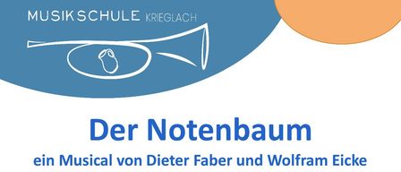 Werbeposter für ein Musical mit dem Titel 'Der Notenbaum' von Dieter Faber und Wolfram Eicke, das eine Cartoon-Band auf einer Wiese mit einem Baum zeigt. Geplant für den 20. Mai 2026 um 17:00 im VAZ Krieglach.