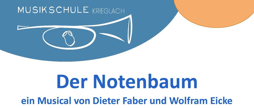 Werbeposter für ein Musical mit dem Titel 'Der Notenbaum' von Dieter Faber und Wolfram Eicke, das eine Cartoon-Band auf einer Wiese mit einem Baum zeigt. Geplant für den 20. Mai 2026 um 17:00 im VAZ Krieglach.