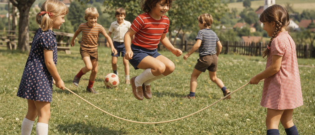 Kinder spielen Seilspringen draußen. Ein Mädchen springt und hält das Seil, während andere zusehen. Ein Fußball liegt auf dem Gras.