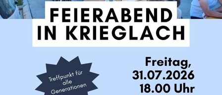 Plakat für eine Zusammenkunft in Krieglach am 31.07.2026, mit einer Menschenmenge an Tischen, mit einer Musikband im Hintergrund. Die Veranstaltung verspricht kulinarische Köstlichkeiten und musikalische Unterhaltung.