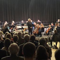 Ein Symphonieorchester spielt auf der Bühne, mit Musikern, die verschiedene Instrumente spielen. Das Publikum sitzt vorne und beobachtet aufmerksam die Aufführung.