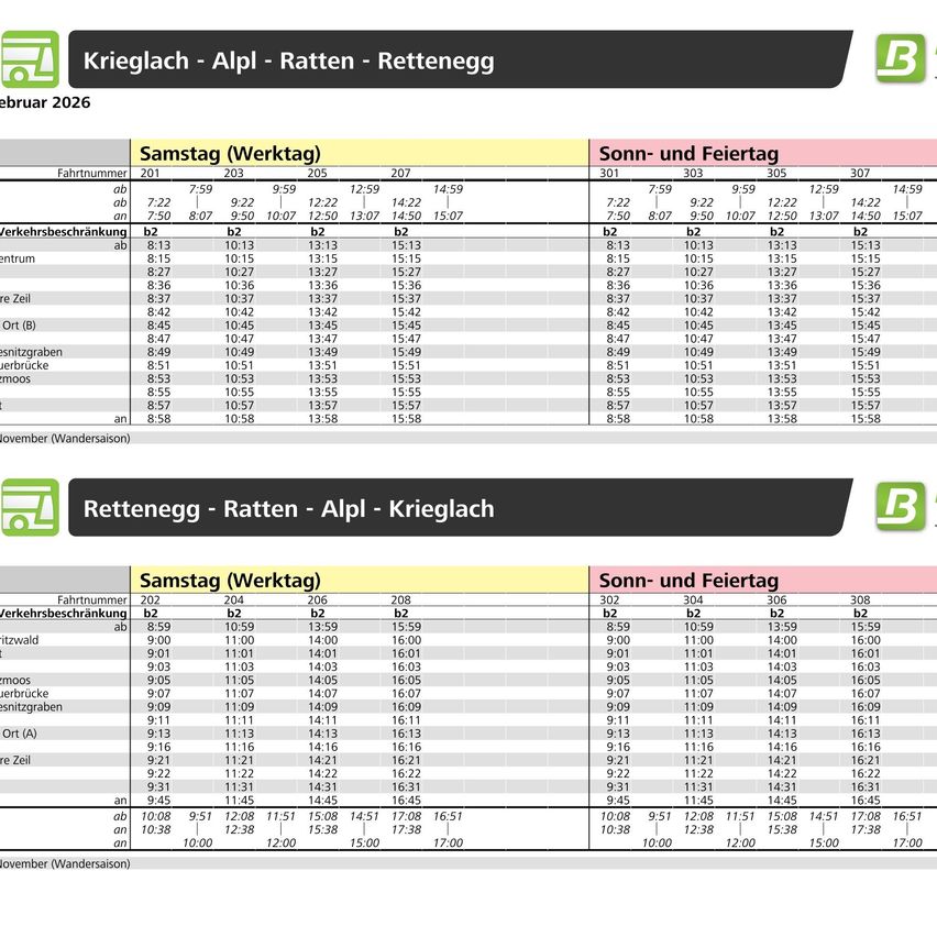 Das Bild enthält eine Tabelle mit Reisezeiten für verschiedene Tage und Routen. Es listet Zeiten für Samstag, Sonntag und Feiertage auf und umfasst verschiedene Orte wie Krieglach, Alp, Ratten und Rettenegg.