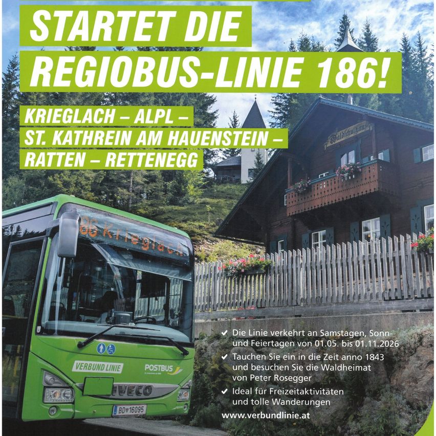 Ein grüner Bus der Verbindung Linie Postbus. Der Bus hat einen Fahrplan vom 1. Mai bis 1. November 2026. Die Linie fährt nach Krieglach, Alpl, St. Kathrein am Hauenstein, Ratten und Rettenbach.