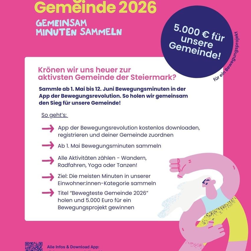 Werdet die aktivste Gemeinde der Steiermark! Sammelt Bewegungsminuten in der App vom 1. Mai bis 12. Juni. Ladet die Bewegungsrevolution-App herunter, registriert euch und ordnet sie eurer Gemeinde zu. Zielt auf die meisten Minuten in der Kategorie eurer Einwohner. Holt euch den Titel 'Bewegteste Gemeinde 2026' und 5.000 Euro für ein Bewegungsprojekt.