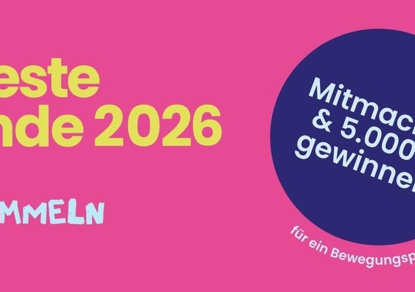Rosa Poster mit gelbem Text 'ste de 2026 MELN'. Blauer Kreis rechts mit Text 'Mitm& 5.00 gewin' und 'fur ein Bewegung'.