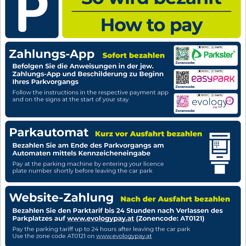 Bezahlen Sie mit Zahlungs-Apps wie Parkster, easyPARK oder eVology. Geben Sie den Zonencode vor dem Start Ihres Aufenthalts ein. Alternativ zahlen Sie am Parkautomaten mit Ihrer Kennzeichennummer oder online bis zu 24 Stunden nach Verlassen des Parkplatzes.