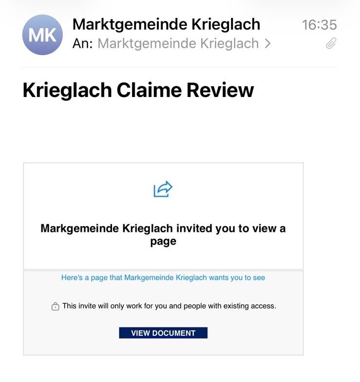 Eine Benachrichtigung von 'Marktgemeinde Krieglach' um 16:35. Der Betreff lautet 'Krieglach Claim Review.' Eine Einladung zum Ansehen einer Seite wird gegeben, gültig nur für den Eingeladenen und andere mit bestehendem Zugang.